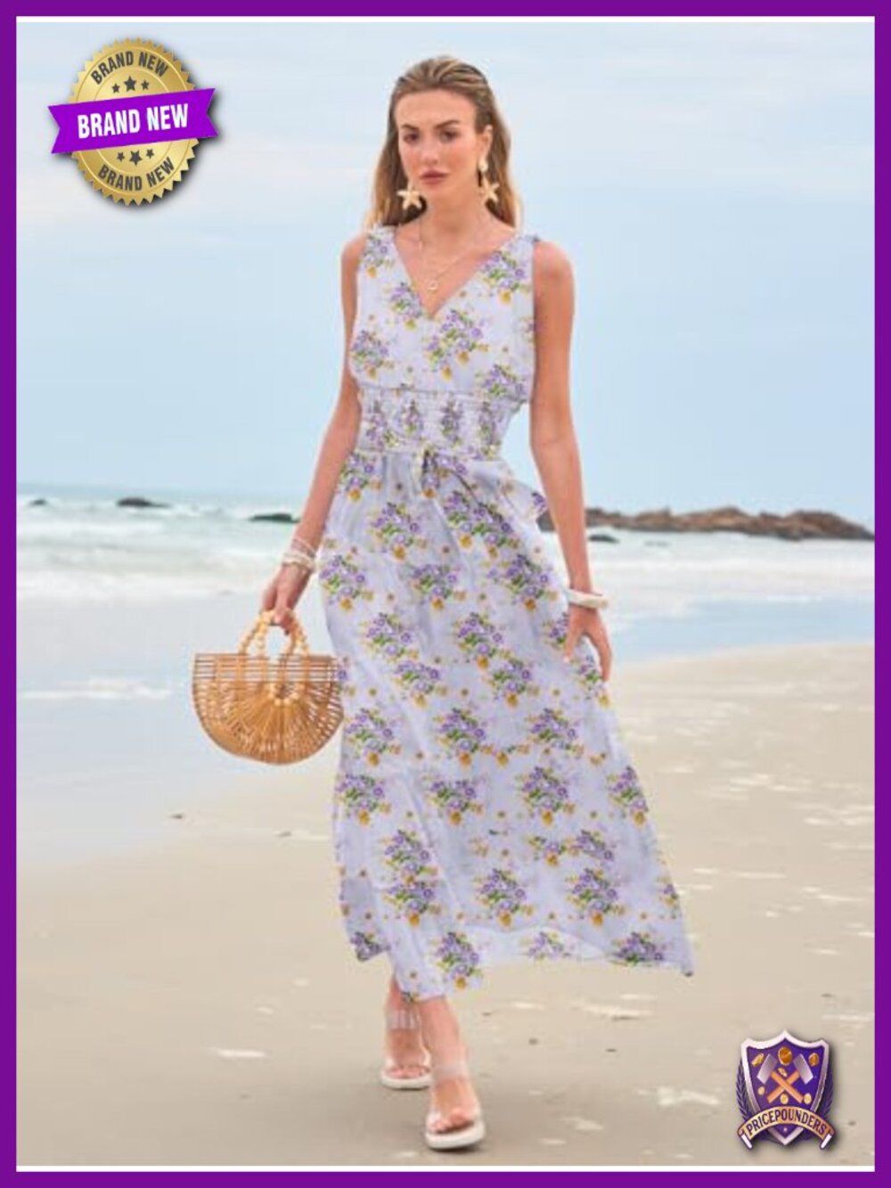 Sleeveless Boho Floral Maxi Dress Wrap Vneck Smocked Tie Flowy Ruffle Tiered - Picture 5 of 6